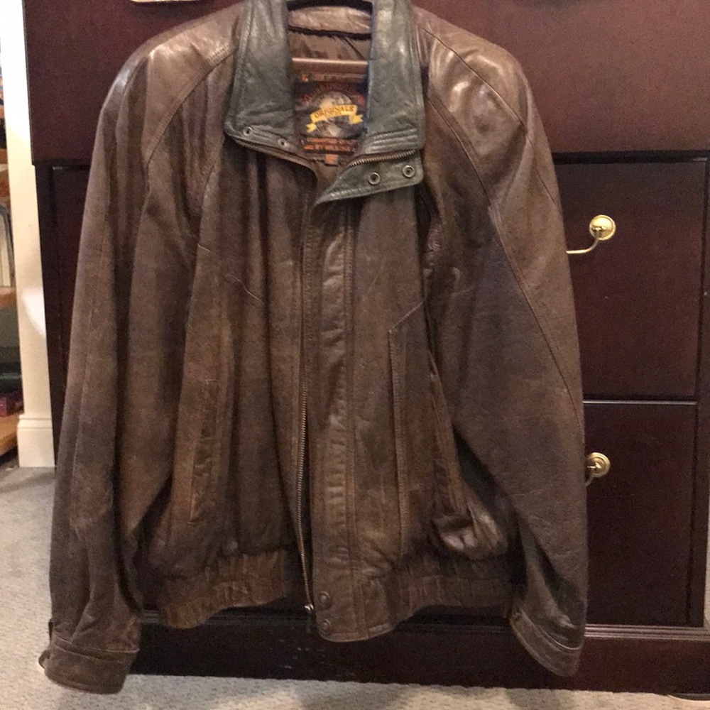 Brown leather bomber jacket with green collar